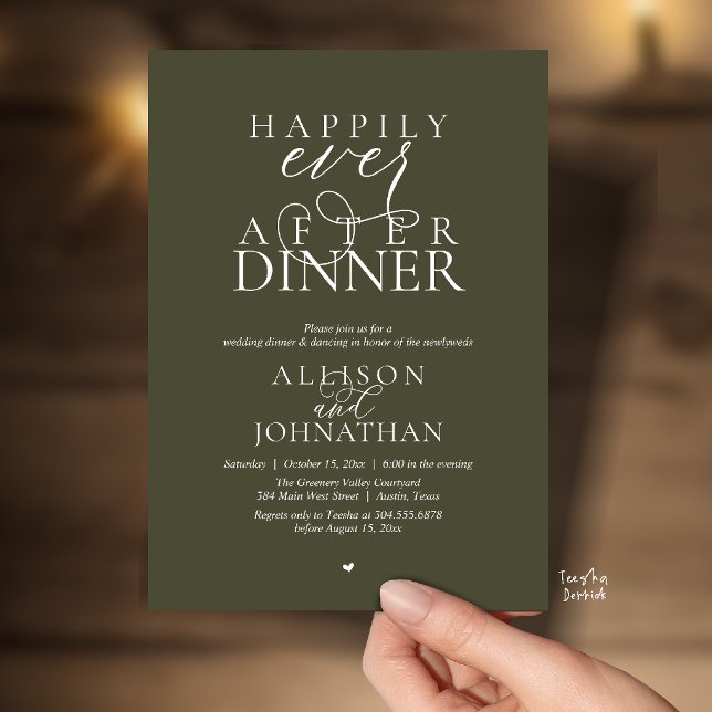 Convites Jantar Olive Felizes para Sempre Casamento Moderno (Olive Green Happily Ever After Dinner Modern Script Wedding Invitation Card)