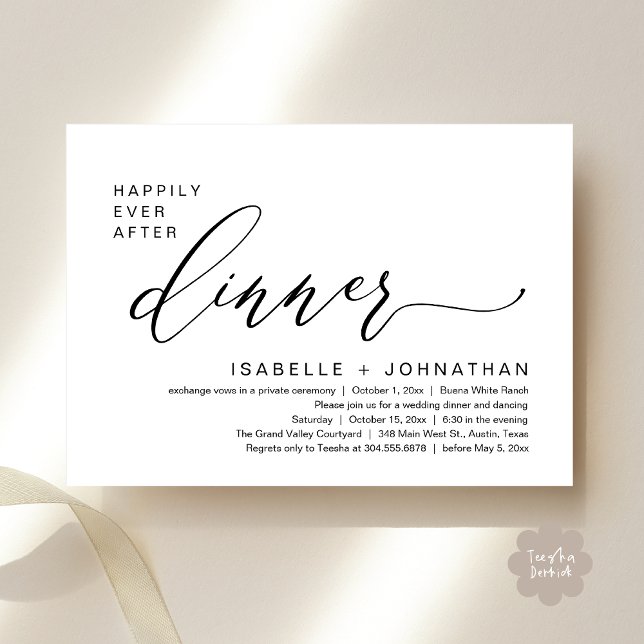 Convites Jantar Romântico Casamento Felizes para Sempre Fes (Romantic Modern Happily Ever After Party Elopement Dinner Invitation Card PDF in Classy Black White)