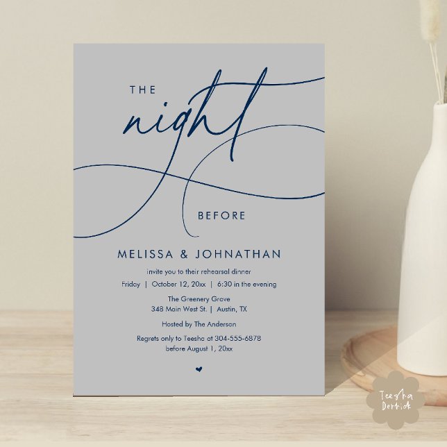 Convites Jantar Romântico na Véspera do Ensaio de Casamento (Romantic The Night Before Wedding Rehearsal Dinner Invitation card in navy blue and dark grey)