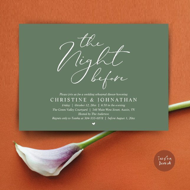 Convites Jantar Romântico na Véspera do Ensaio de Casamento (The Night Before Wedding Rehearsal Romantic Dinner Invitation Card in Sage Green)