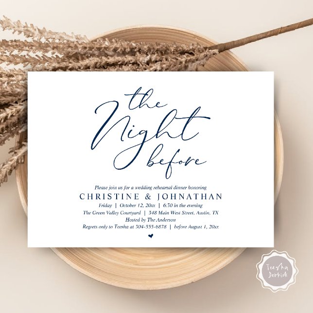 Convites Jantar Romântico na Véspera do Ensaio de Casamento (The Night Before Wedding Rehearsal Romantic Dinner Invitation Card in Navy Blue)