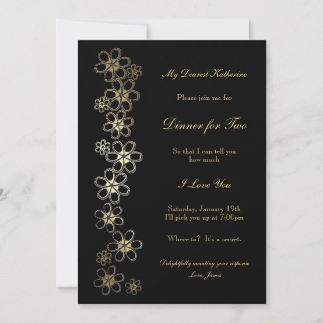Convites Jantar Romântico Preto e Dourado para Dois (Frente)