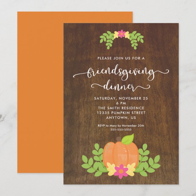 Convites Jantar Rústico de Friendsgiving Abóbora e Folhagem (Frente/Verso)