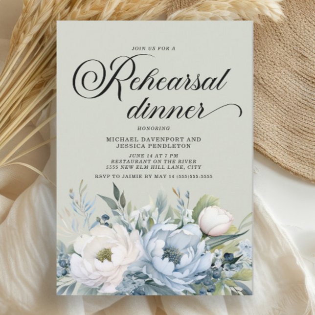 Convites Jantar Verde do Salão Azul Dusty (Dusty blue watercolor floral on sage green Rehearsal Dinner invitation)