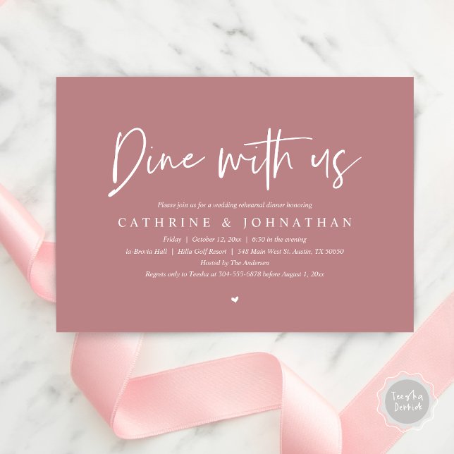 Convites Jante conosco, Janto de ensaio de casamento (Dine with us, Modern Wedding Rehearsal Dinner Party Invitation Card, PDF, in Dusty Rose Pink)