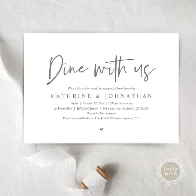 Convites Jante conosco, Janto de ensaio de casamento (Dine with us, Modern Wedding Rehearsal Dinner Party Invitation Card, PDF, in Dark Grey)