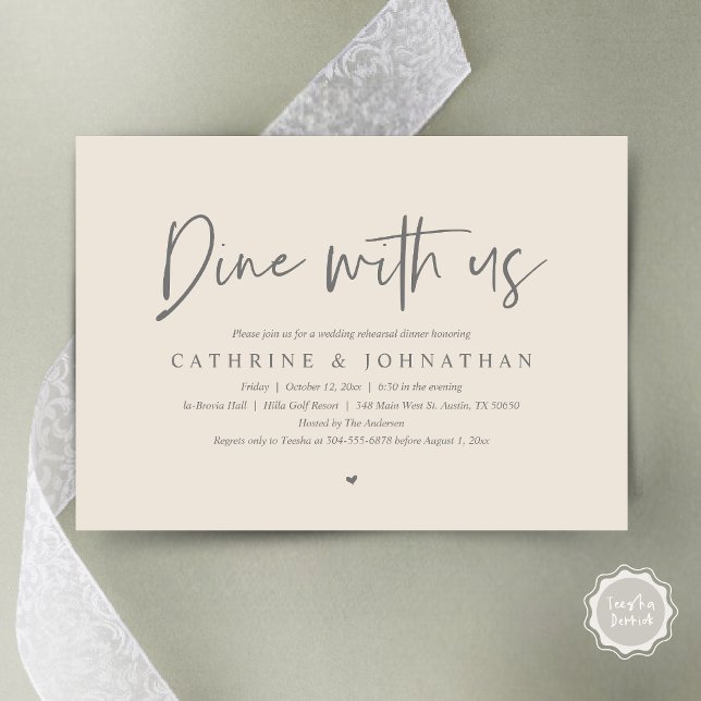 Convites Jante conosco, Janto de ensaio de casamento (Dine with us, Modern Wedding Rehearsal Dinner Party Invitation Card, PDF, in Cream and Grey)