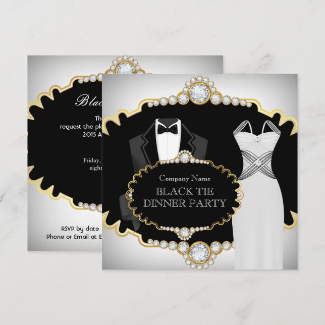 Convites Janto Black Tie Party White Dourado (Frente/Verso)