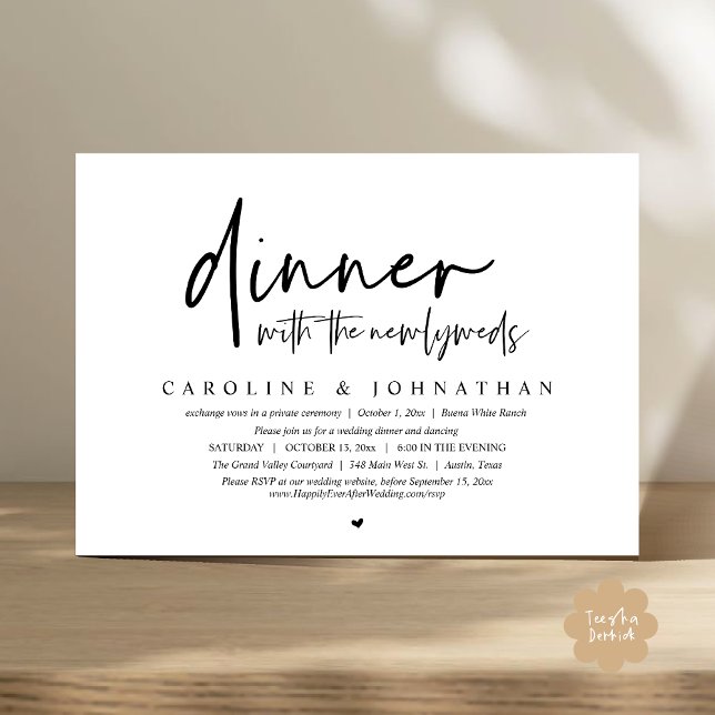 Convites Janto com os Newlyweds, Partido do Elopemento de C (Dinner with the Newlyweds, Modern Wedding Elopement Party Invitation Card PDF Black White)