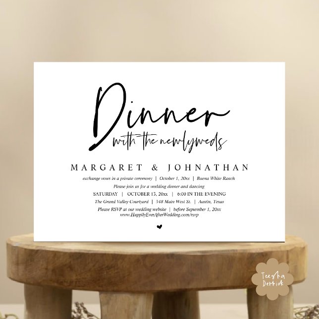 Convites Janto com os Newlyweds, Partido do Elopemento de C (Dinner with the Newlyweds, Modern Wedding Elopement Party Invitation Card PDF Black White)