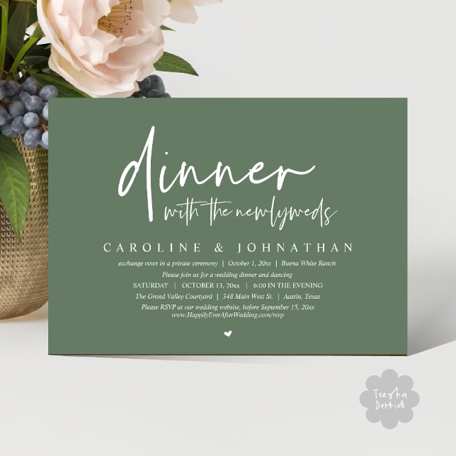 Convites Janto com os Newlyweds, Partido do Elopemento de C (Dinner with the Newlyweds, Modern Wedding Elopement Party Invitation Card PDF Greenery Sage Green)