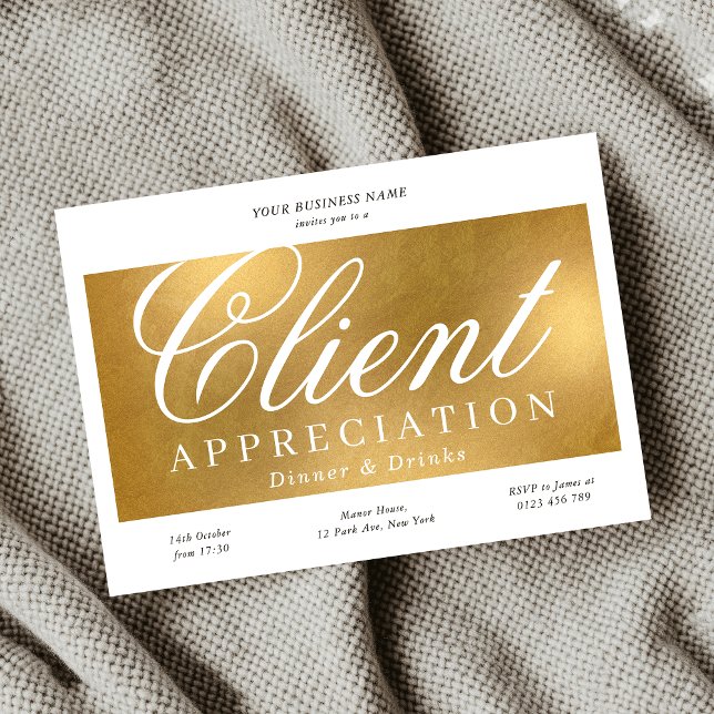 Convites Janto Comercial de Apreciação de Cliente Dourado E (Elegant Gold Client Appreciation Business Dinner Invitation)