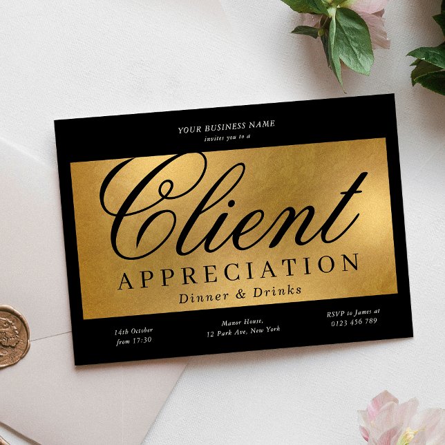 Convites Janto Comercial de Apreciação de Cliente Preto e D (Black & Gold Client Appreciation Business Dinner Invitation)