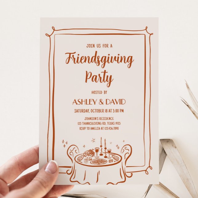 Convites Janto de Ação de Amizade Queda Partido de Ação de  (Hand Drawn Friendsgiving Fall Thanksgiving Party Invitation)