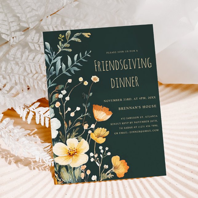 Convites Janto de Ação de Amizade Wildflower Moody (Wildflower Moody Thanksgiving Friendsgiving Dinner Invitation)