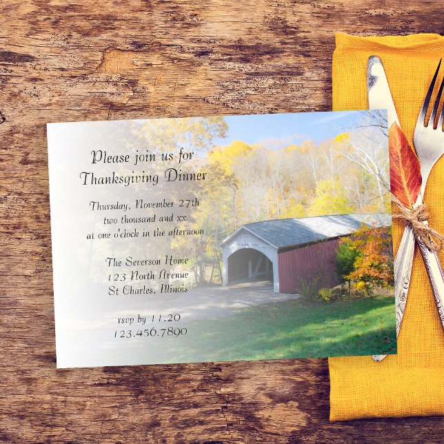 Convites Janto de Ação de Graças Coberto Pelo Outono (Invite guests and be grateful with this charming and rustic Thanksgiving Dinner Invitation.)