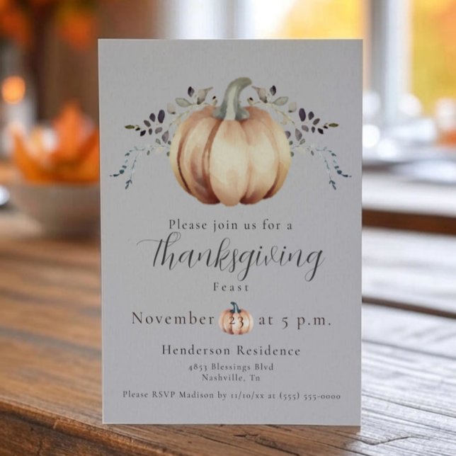 Convites Janto de Ação de Graças da Abóbora e das Vinhas |  (Gray Pumpkin and Vine Thanksgiving Dinner Invitation)