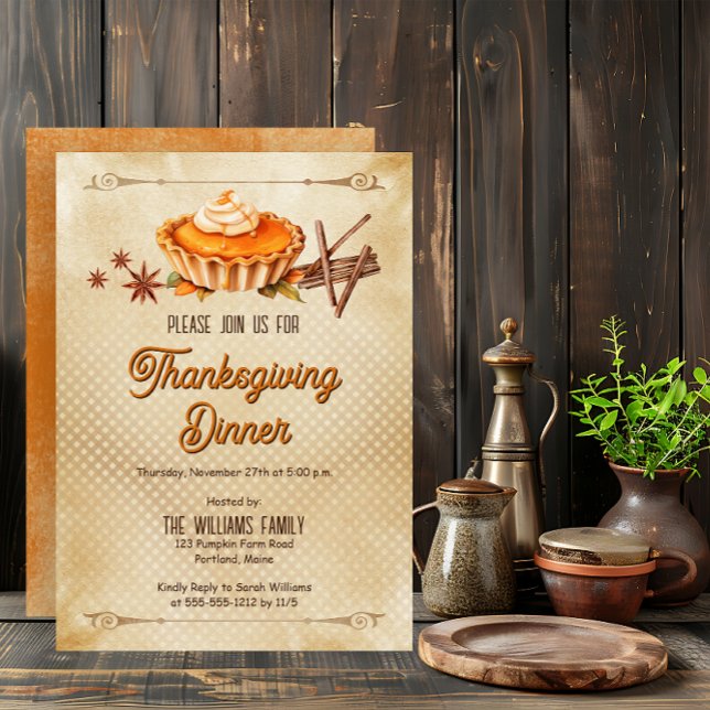Convites Janto de Ação de Graças da Pumpkin Rustic Country  (Country Rustic Pumpkin Pie Thanksgiving Dinner Invitation - Print | Digital Download)