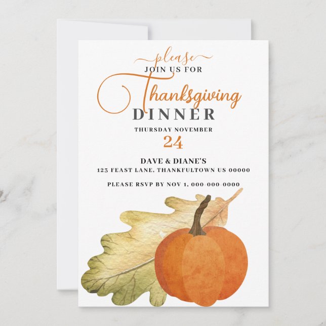 Convites Janto de Ação de Graças de Oak Leaf & Pumpkin Conv (Frente)