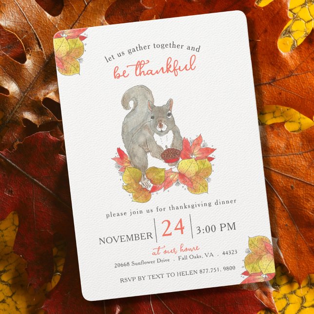 Convites Janto de Ação de Graças do Esquilo de Outono (Squirrel Watercolor Thanksgiving Dinner Party Invitation)