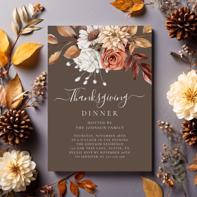 Convites Janto de Ação de Graças Floral de Queda Elegante (Elegant Fall Floral Thanksgiving Dinner Invitation)