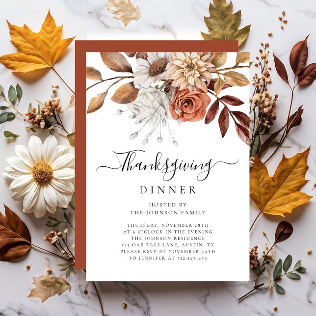 Convites Janto de Ação de Graças Floral de Queda Elegante (Elegant Fall Floral Thanksgiving Dinner Invitation)