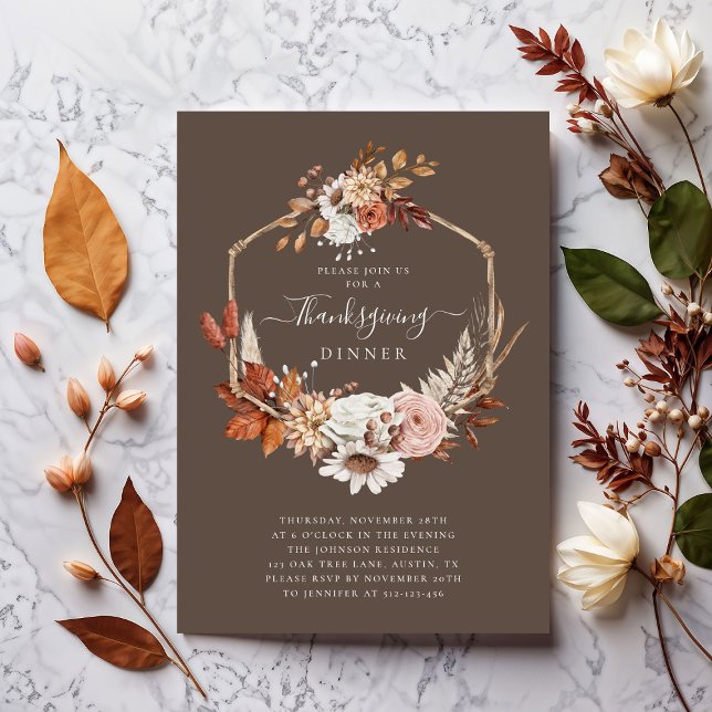 Convites Janto de Ação de Graças Floral de Queda Elegante (Elegant Fall Floral Thanksgiving Dinner Invitation)