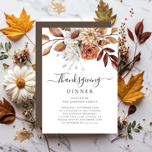 Convites Janto de Ação de Graças Floral de Queda Elegante (Elegant Fall Floral Thanksgiving Dinner Invitation)