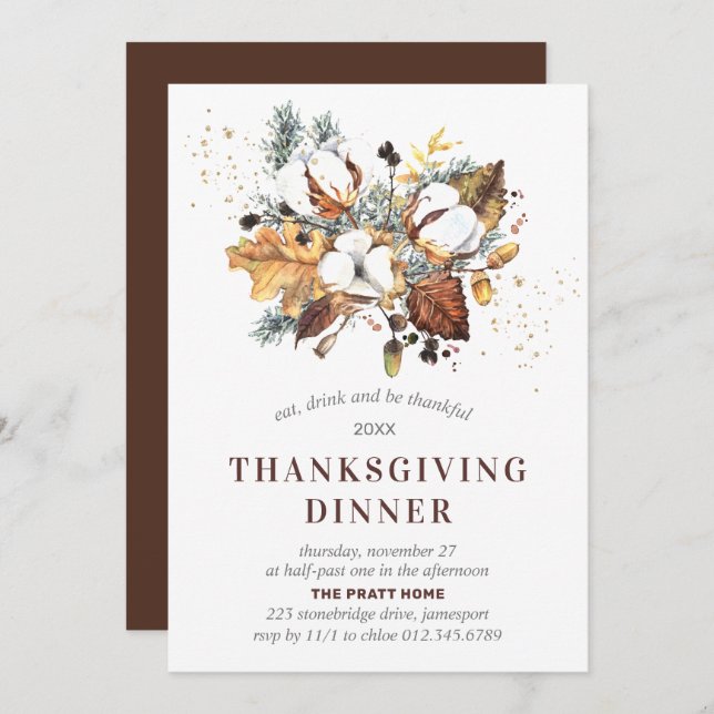 Convites Janto de Ação de Graças Floral do outono Branco (Frente/Verso)