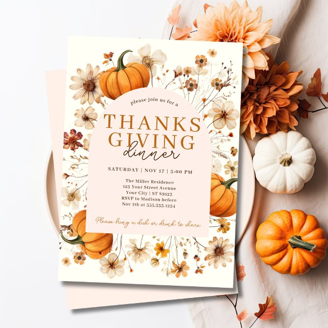 Convites Janto de Ação de Graças Moderno Floral Pumpkin (Modern Floral Pumpkin Thanksgiving Dinner Invitation)