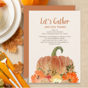 Convites Janto de Ação de Graças Orange Pumpkins Dourado