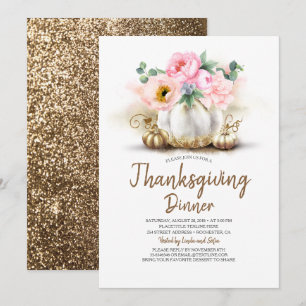 Convites Janto de Ação de Graças Pumpkin Dourado Floral Ros