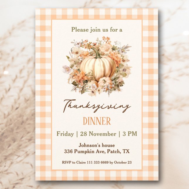 Convites Janto de Ação de Graças Pumpkin Orange Gingham (Thanksgiving Dinner Pumpkin Orange Gingham Invitation)