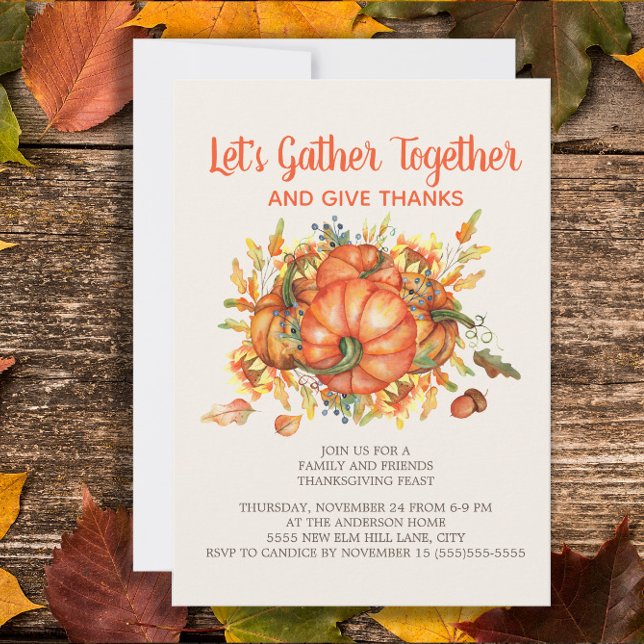 Convites Janto de Ação de Graças Pumpkins se reúne para dar ("Let's gather together and give thanks" Thanksgiving Dinner invitation)