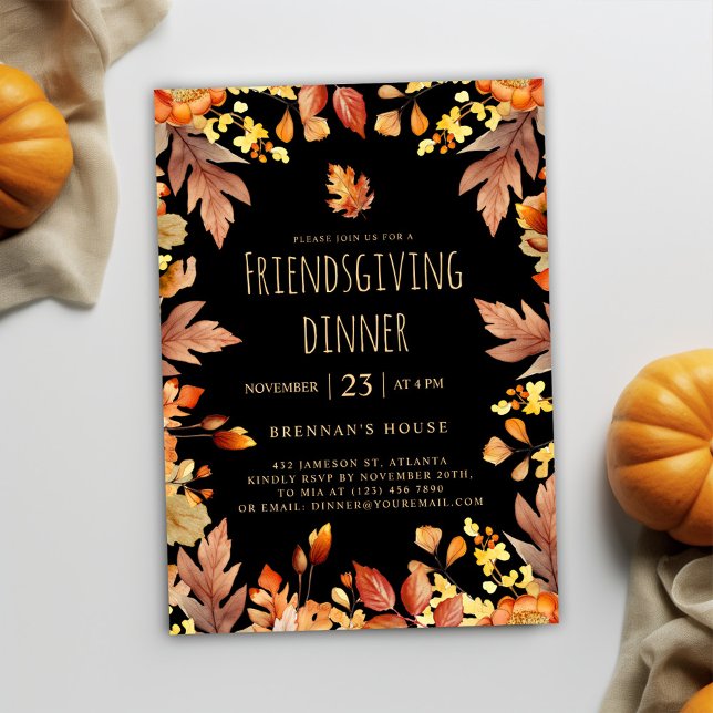 Convites Janto de Ação de Graças Russo Fall (Black Rustic Friendsgiving Dinner Invitation)