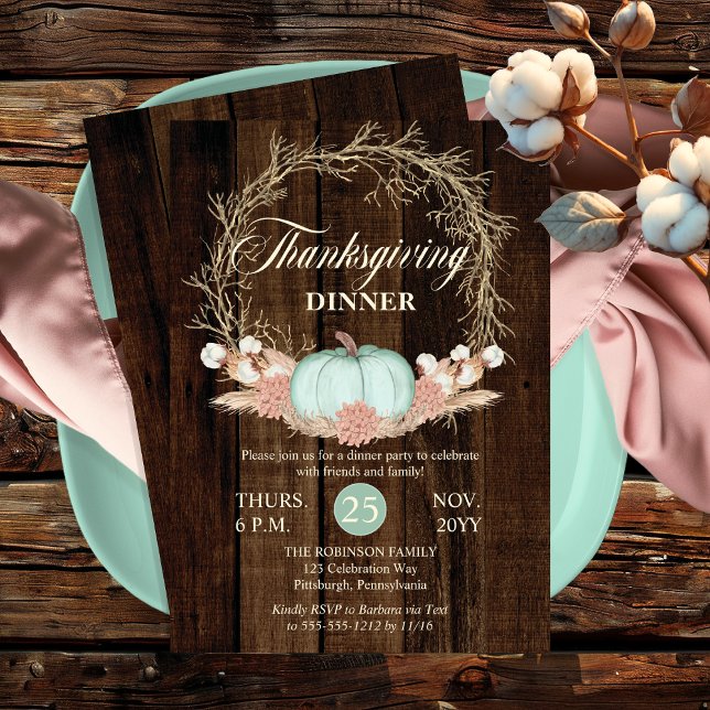 Convites Janto de Ação de Graças Rustic Pumpkin Wreath (Thanksgiving Dinner Rustic Pumpkin Pampas Wreath Pink | Mint Pastels Invitation)