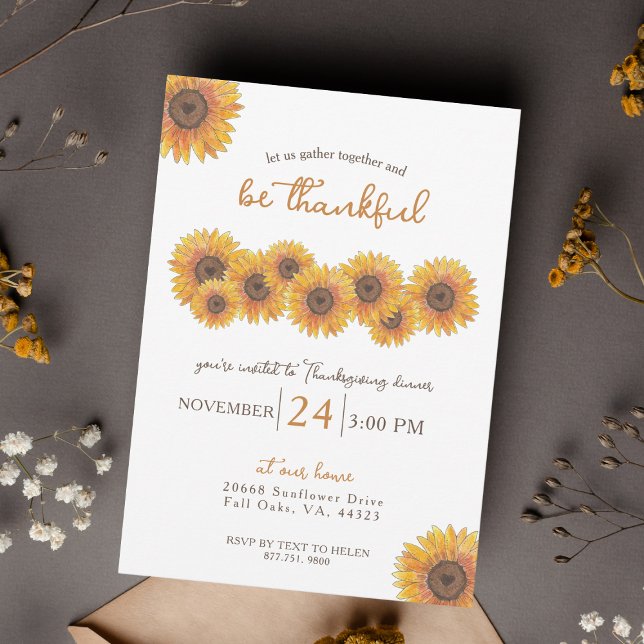 Convites Janto de Ação de Graças Sunflower (Cute Watercolor Sunflowers Thanksgiving Dinner Invitation)