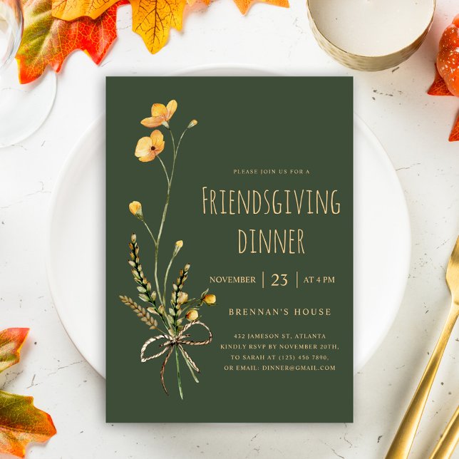 Convites Janto de Ação de Graças Verde (Green Elegant Wildflower Friendsgiving Dinner Invitation)