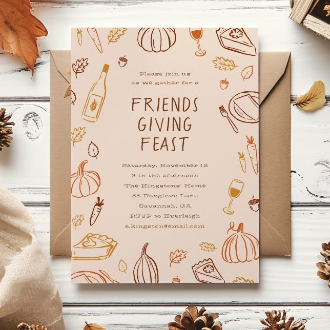 Convites Janto de Amizade de Portas de Queda Whimsical (whimsical pumpkin and fall leaves doodles Friendsgiving invitation)