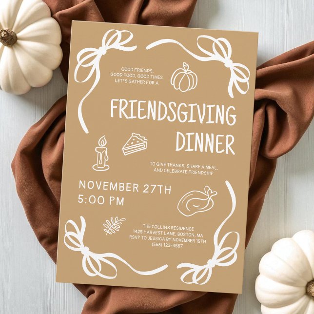 Convites Janto de Amizade Desenhado à Mão Marrom (Brown Whimsical Hand Drawn Friendsgiving Dinner Invitation)