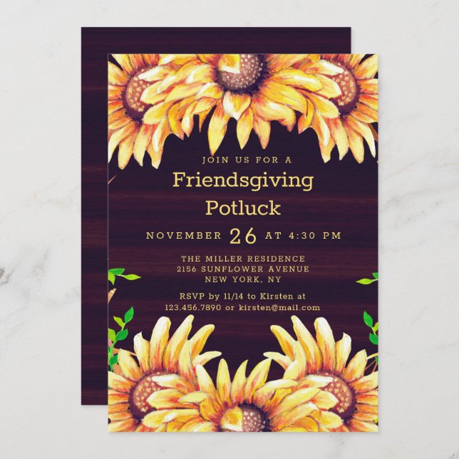 Convites Janto de Amizade Potluck Rustic Fall Sunflower (Frente/Verso)