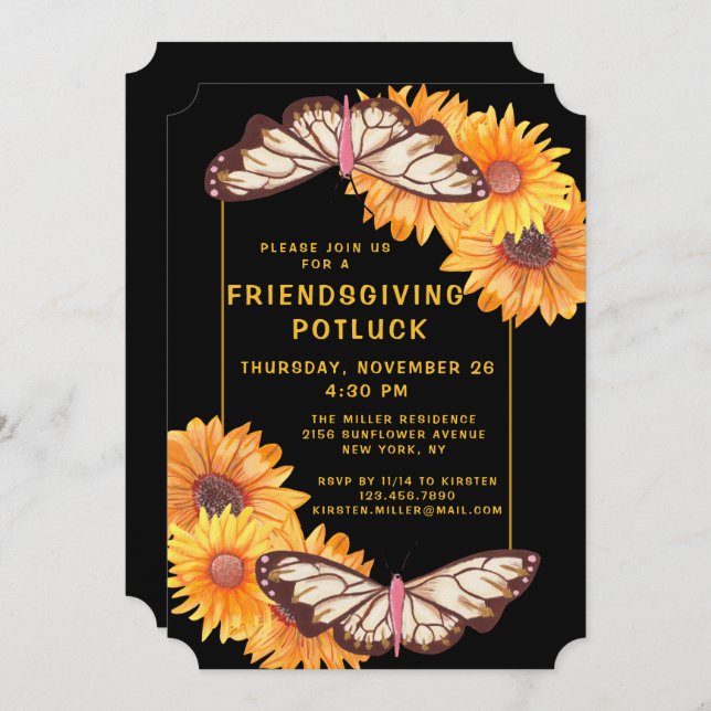 Convites Janto de Amizade Potluck Sunflower Butterfly (Frente/Verso)