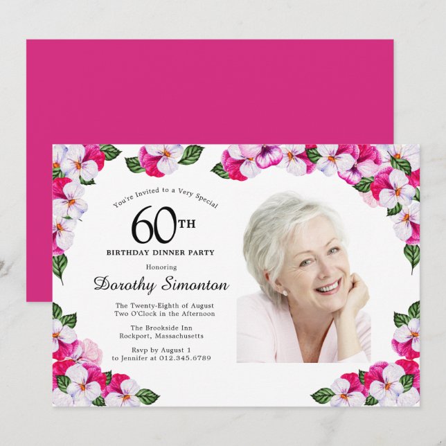 Convites Janto de aniversário 60º do Magenta Pink White Pho (Frente/Verso)