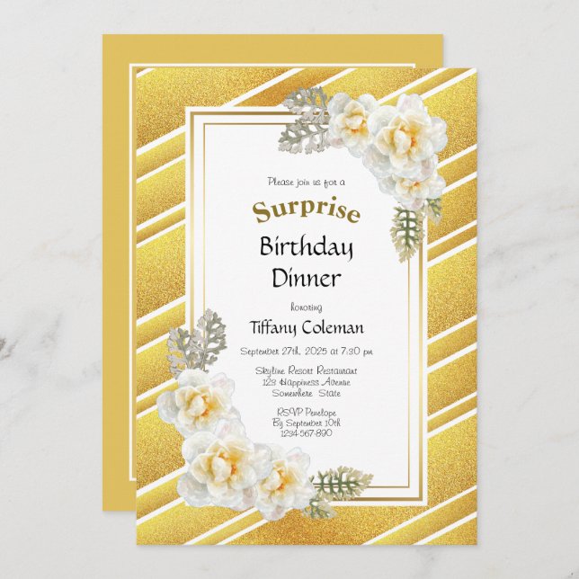 Convites Janto de Aniversário da Surpresa Floral Dourada Gl (Frente/Verso)