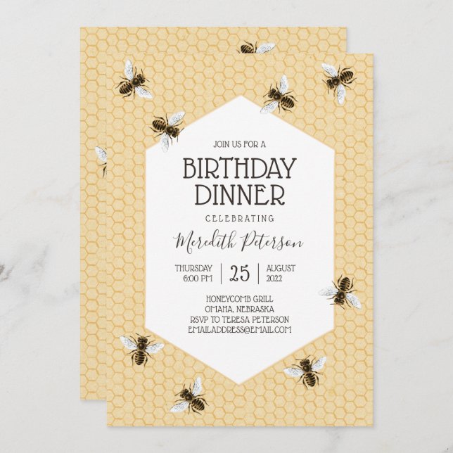 Convites Janto de Aniversário de Vintage Honeybee (Frente/Verso)