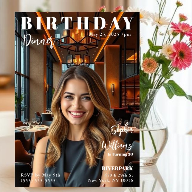 Convites Janto de aniversário do Cobrir da Revista (Magazine Cover Birthday Dinner Invitation-Your own Photo)