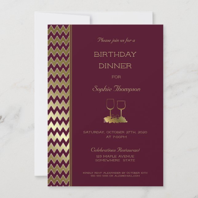 Convites Janto de Aniversário Dourado Burgundy Chevron Stri (Frente)