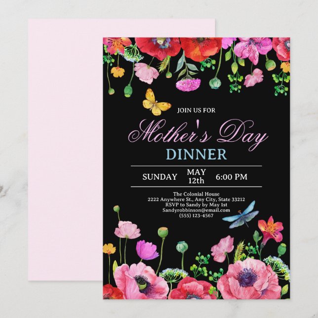 Convites Janto de Dia de as mães Chic Negro Elegante (Frente/Verso)