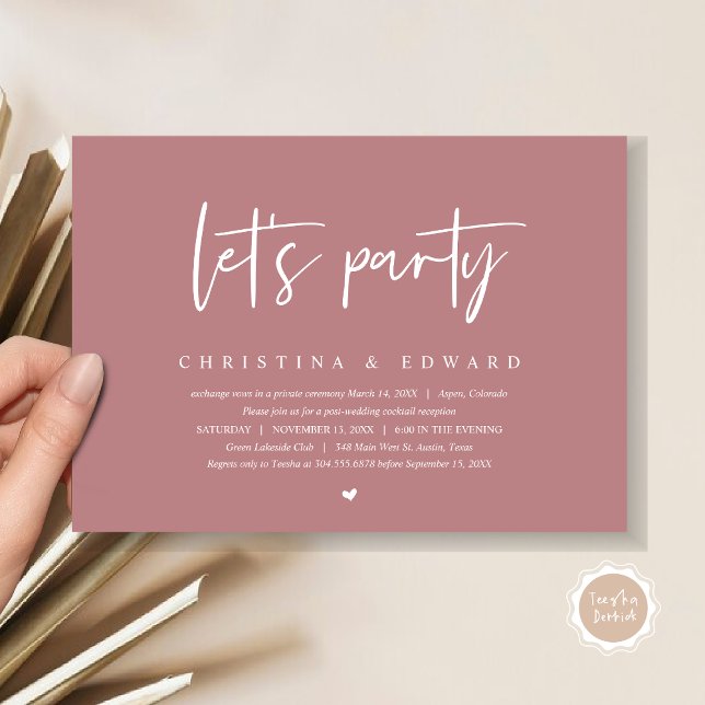 Convites Janto de Elopemento de Casamento e Dança, festa de (Let's Party, Post Wedding Elopement Dinner and Party Celebration Invitation Card, in Dusty Rose Pink)