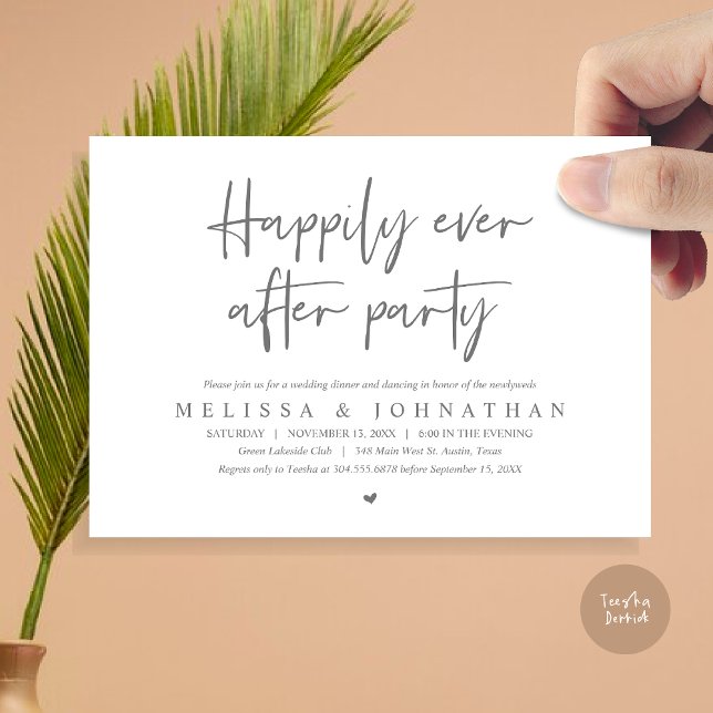 Convites Janto de Elopemento de Casamento, Feliz Nunca Depo (Wedding Elopement Dinner, Happily Ever after Party Invitation Card, PDF, in Dark Grey)